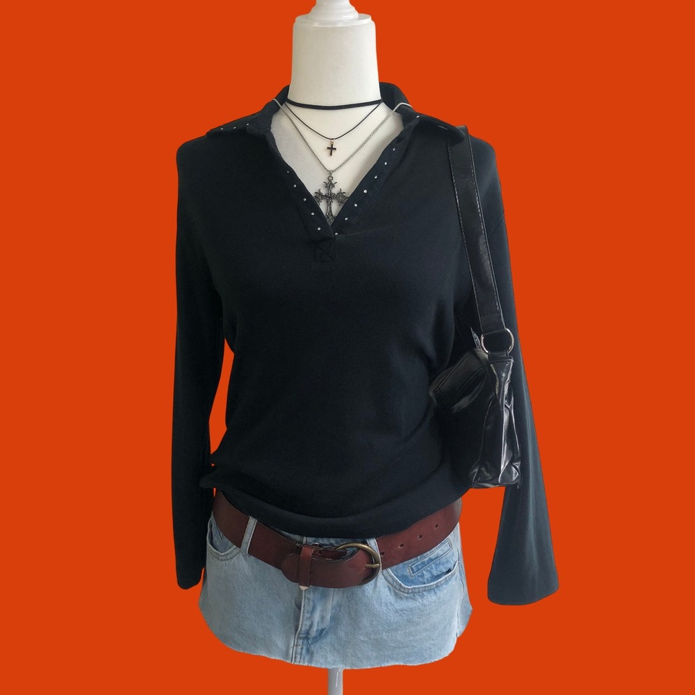 Vintage Y2K Studded Rhinestone Black Polo Long Sleeve Top Womens Medium